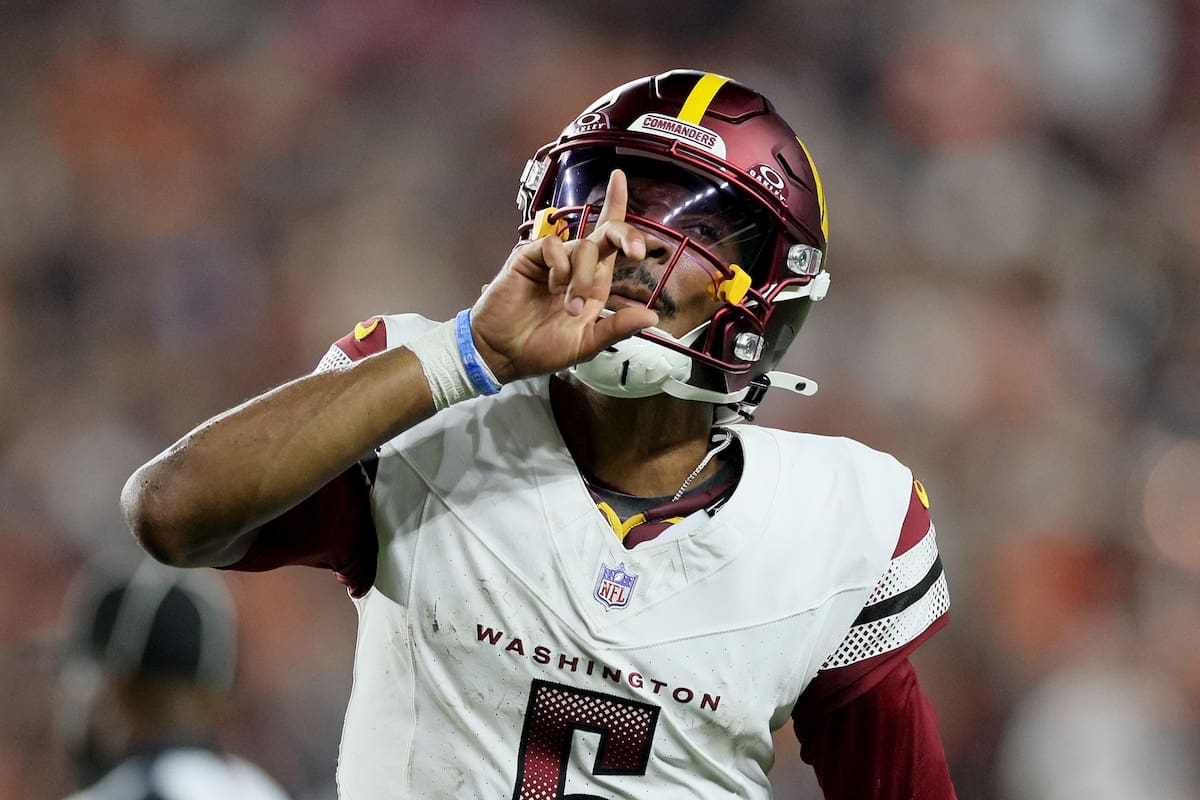 Jayden Daniels in Action: Celebrating a Touchdown