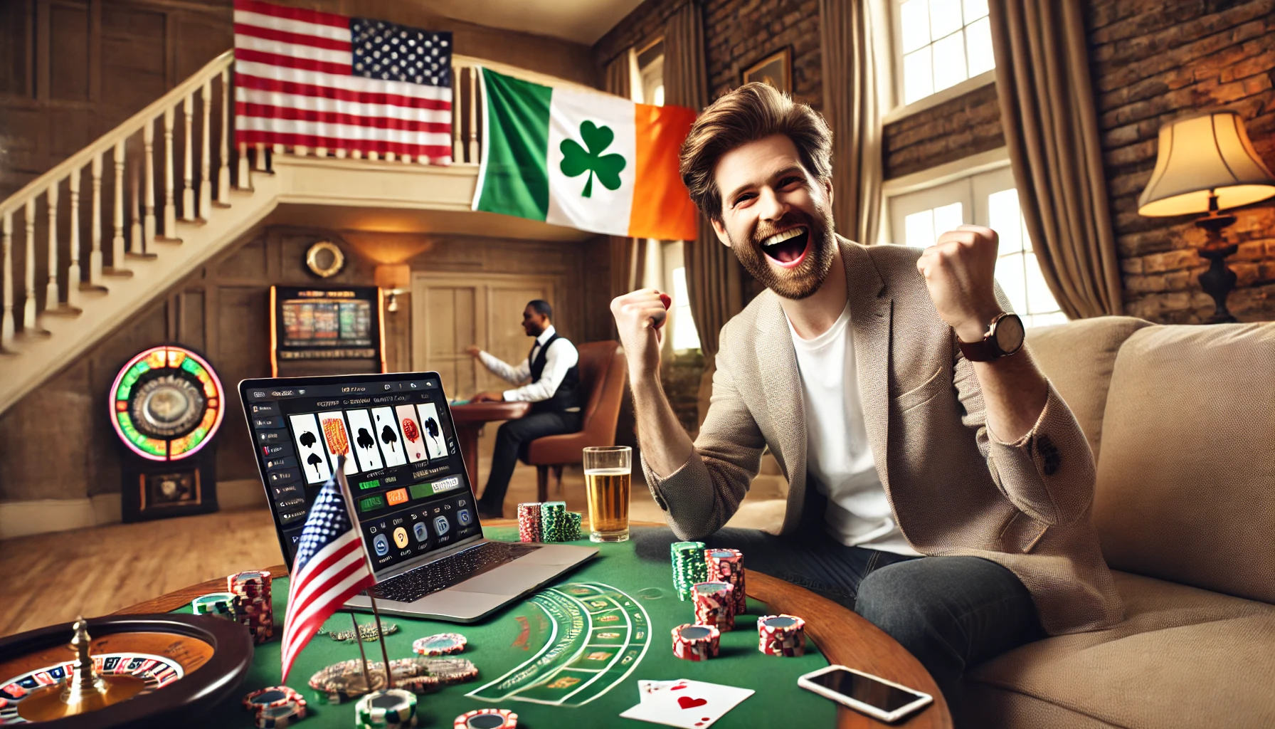 An enthusiastic Irish-American casino player celebrating a big win at a live dealer game on Spree Casino, playing comfortably from home. The cheerful scene prominently features an Irish shamrock, an Irish flag, and a US flag, appealing perfectly to players interested in Spree Casino login, Spree Casino no deposit bonus, social casinos, and real money online gaming.