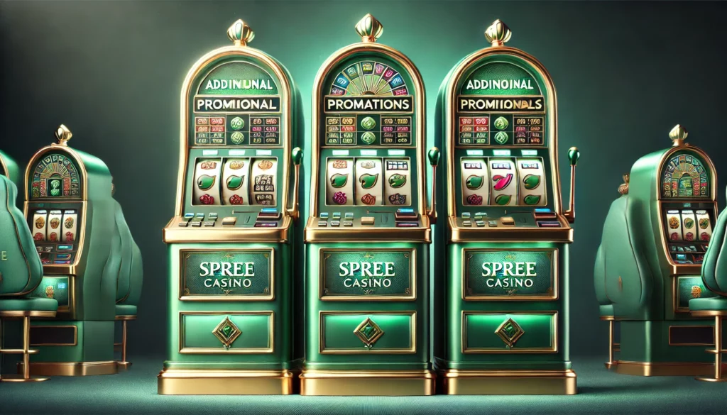 Elegant emerald-green slot machines with gold accents, representing luxurious additional promotions and bonuses available at Spree Casino. Ideal visual for online casino players exploring promotional offers and winning opportunities.