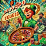 Cheerful Irish dealer spinning roulette wheel surrounded by celebrating players and flying money, highlighting how much a Vegas casino makes in a day.