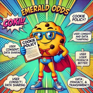 Casino Privacy policy: A vibrant comic-book style illustration featuring an animated cookie character wearing glasses and holding a document labeled 'Cookie Policy.' The cookie stands heroically in front of colorful, dynamic comic panels. Speech bubbles and visual icons clearly illustrate concepts such as user consent, privacy settings, data sharing with third parties, transparency, and secure data handling, blending playful humor with essential privacy policy education for casino users.