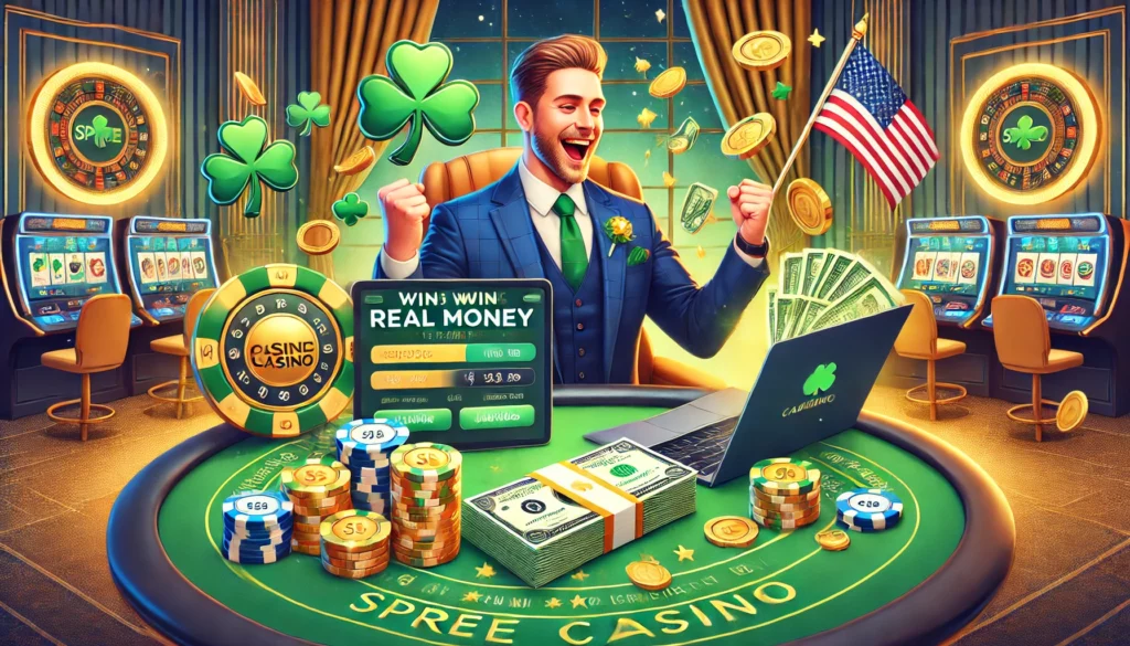 cheerful Irish-American player celebrates winning real money playing Spree Casino online, surrounded by vibrant stacks of cash, gold coins, and casino chips. Subtle touches of Irish-American culture, including shamrocks and a small US flag, enhance the inviting and luxurious setting.