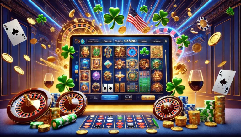 A luxurious and vibrant Spree Casino online interface displaying a wide selection of casino games, including slots, roulette, blackjack, and live dealer options. The design elegantly features emerald green, deep navy blue, and gold accents, subtly incorporating Irish-American cultural elements such as shamrocks and traditional motifs. Ideal for players interested in Spree Casino login, no deposit bonuses, social casinos, and real money gaming opportunities.